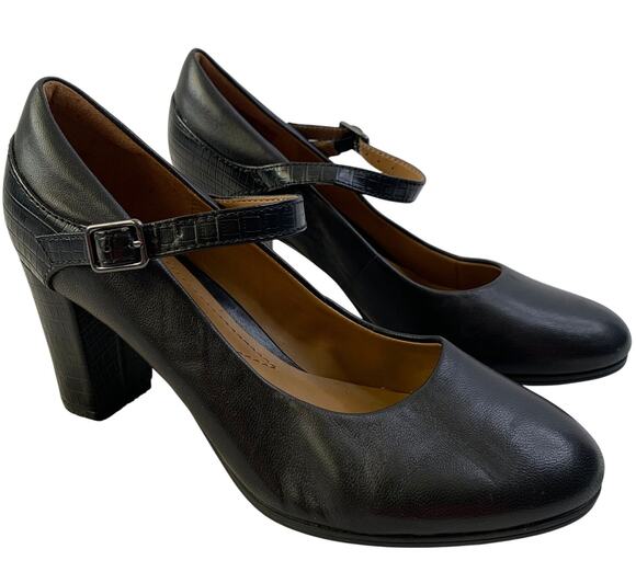 Clarks Shoes - Clarks Womens Sz 7 Black Leather Strap Heels Emily 2 Jane Dancing Pumps Shoes